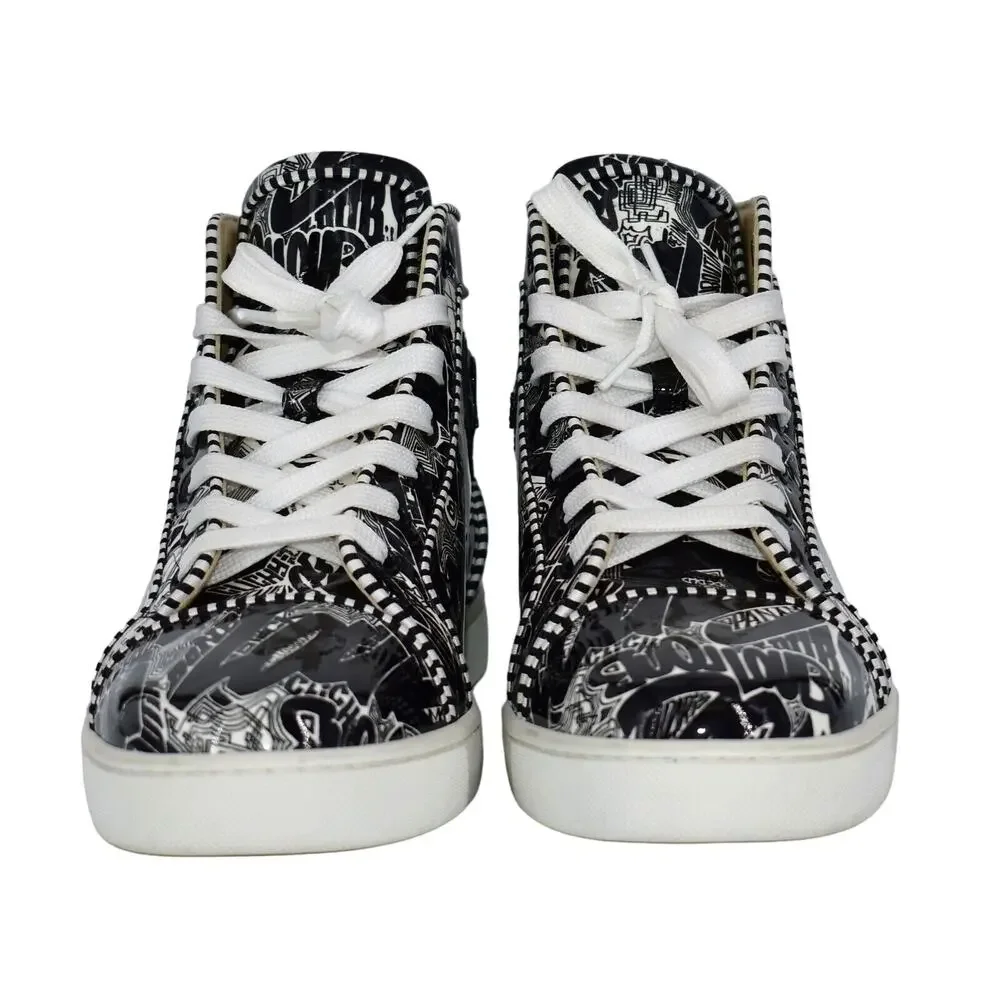B20 NWD CHRISTIAN LOUBOUTIN Patent Blk/Wht Graffiti Hi Top Sneaker Shoes Size 40